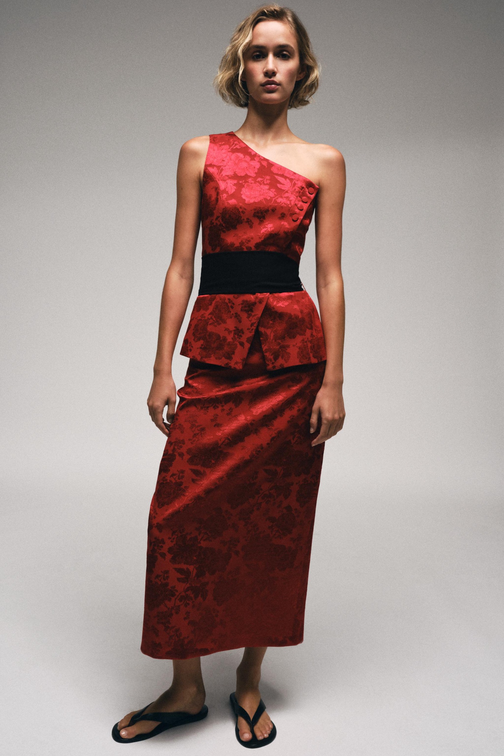 Floral Jacquard Midi Skirt - Burgundy - Xs