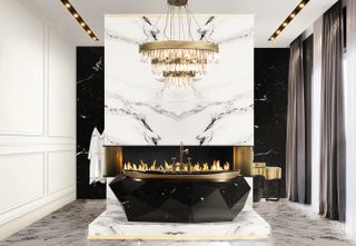 A bathroom with a fireplace in the middle