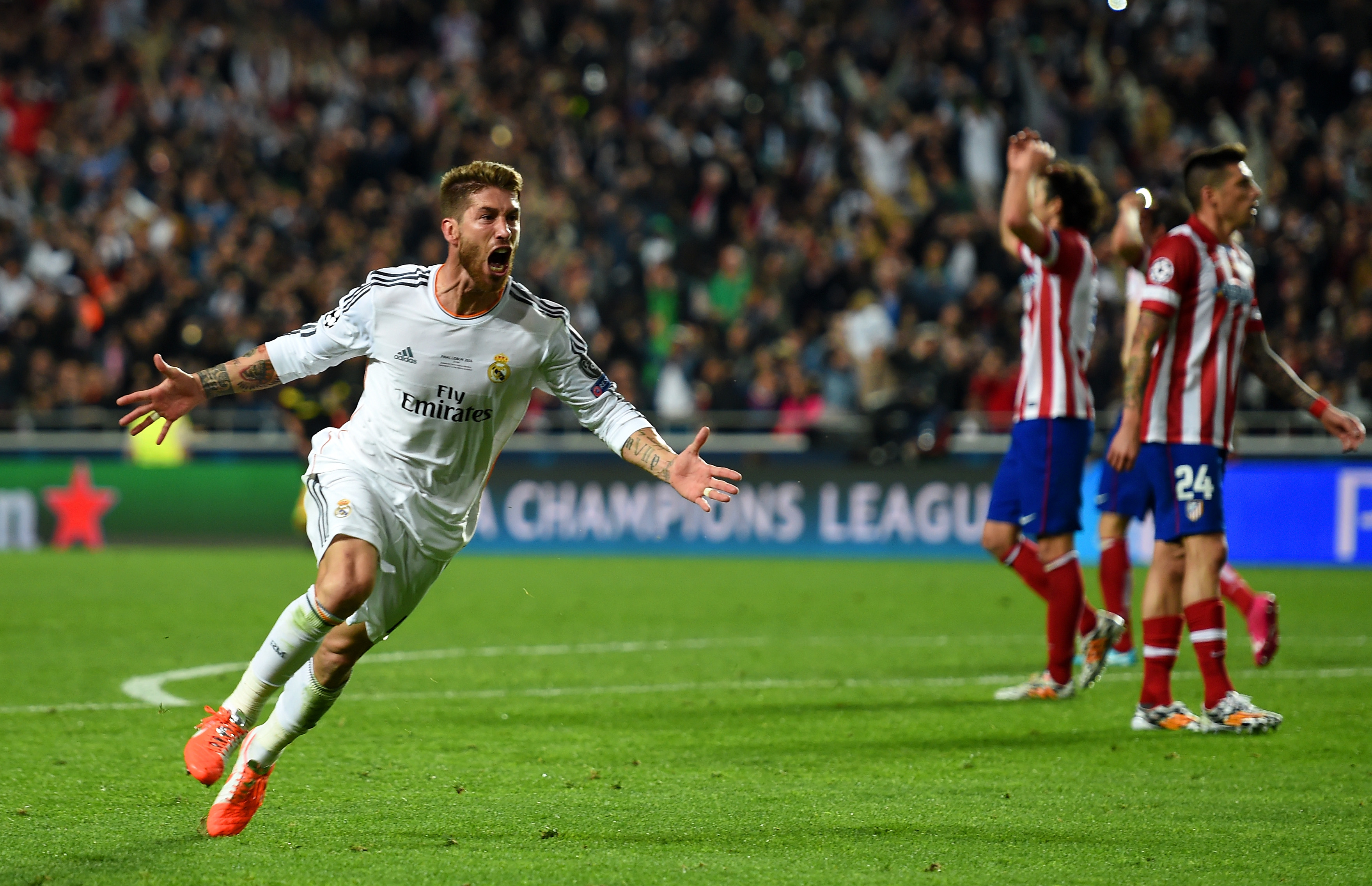 Sergio Ramos celebrates his late equaliser for Real Madrid against Atletico Madrid in the 2014 Champions League final.