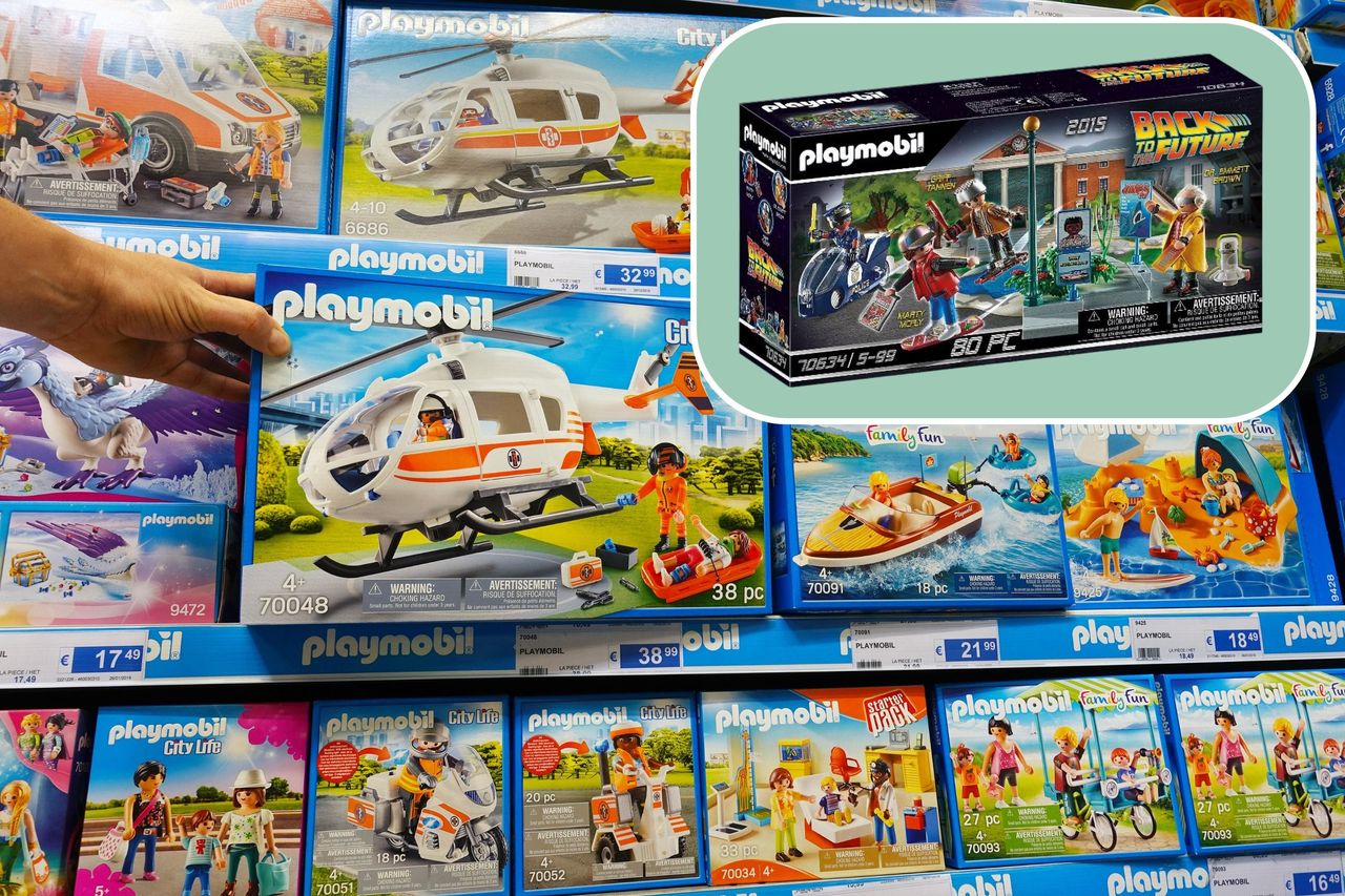 Image of Playmobil in a shop, with an overlay of a specific Playmobil set on offer