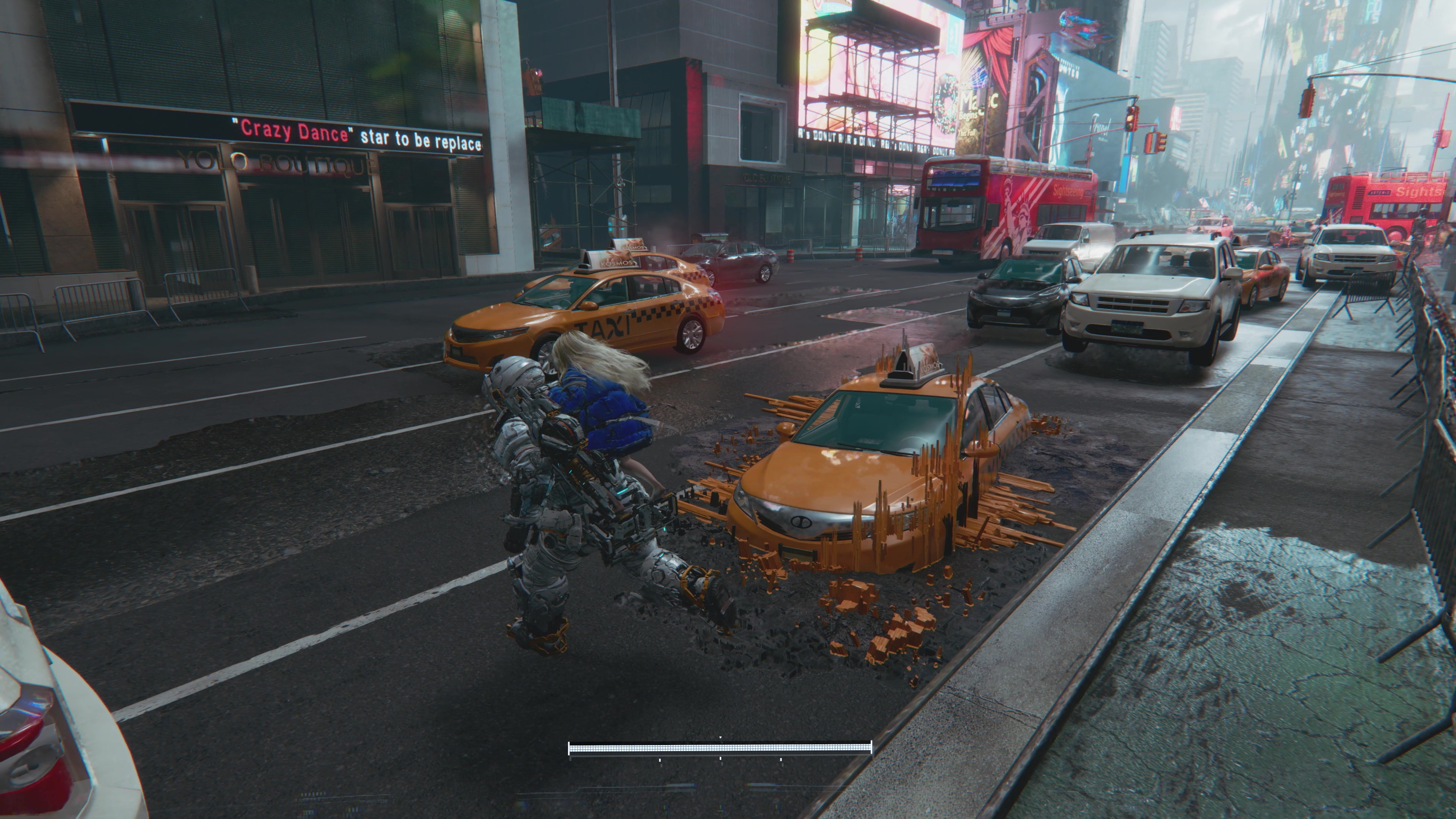 A Pragmata gameplay screenshot that shows a distorted taxi on a recreated New York street.