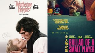 A side-by-side comparison of two movie posters, one featuring a romantic embrace for Wuthering Heights and the other showing a man at a gambling table for Ballad of a Small Player.