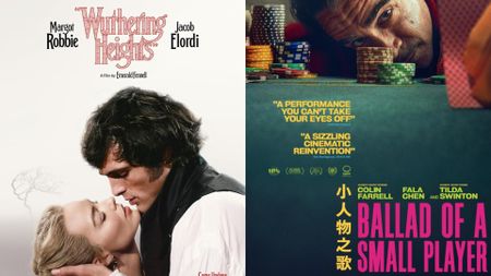 A side-by-side comparison of two movie posters, one featuring a romantic embrace for Wuthering Heights and the other showing a man at a gambling table for Ballad of a Small Player.