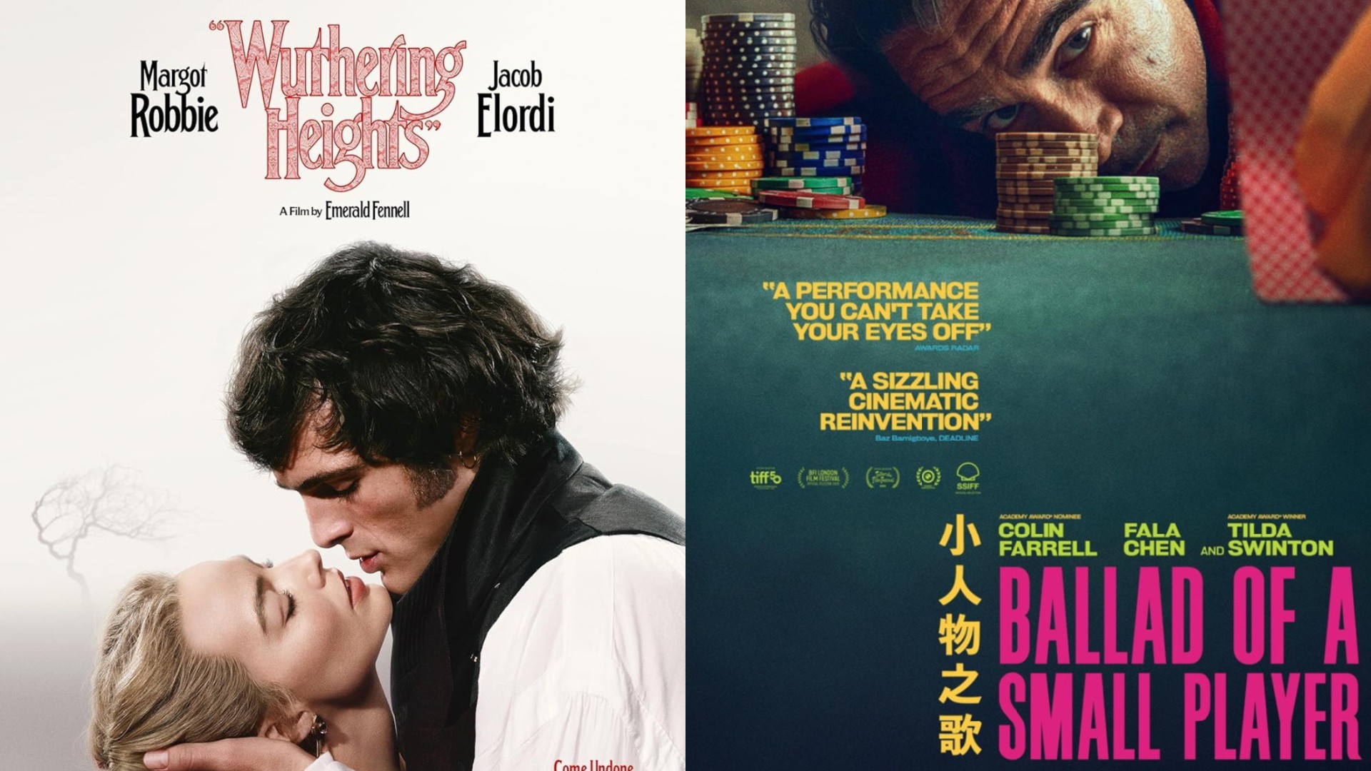 A side-by-side comparison of two movie posters, one featuring a romantic embrace for Wuthering Heights and the other showing a man at a gambling table for Ballad of a Small Player.