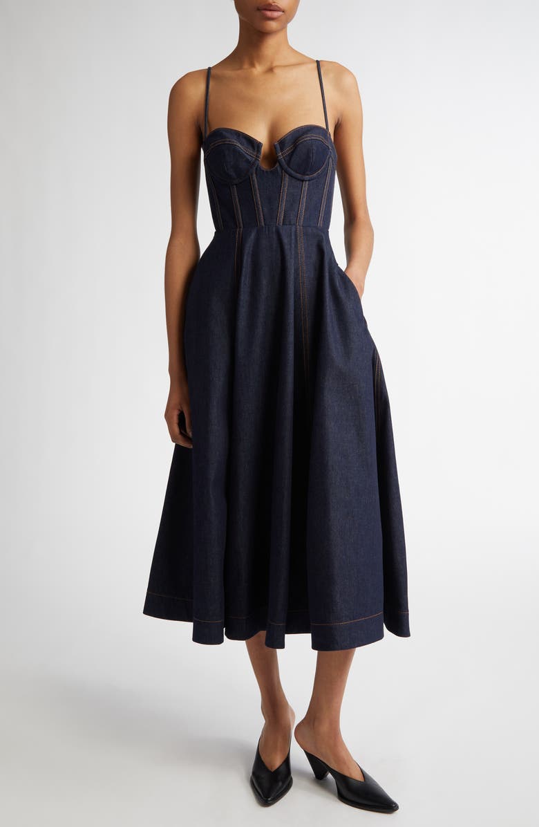 Corset Bodice Denim Midi Dress