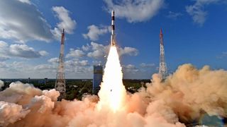 An Indian Polar Satellite Launch Vehicle lifts off from the Satish Dhawan Space Center in Sriharikota. 