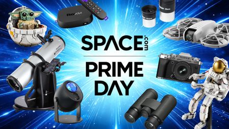 A range of space gifts around a Space.com Prime Day logo against a background of a blue-white star. 