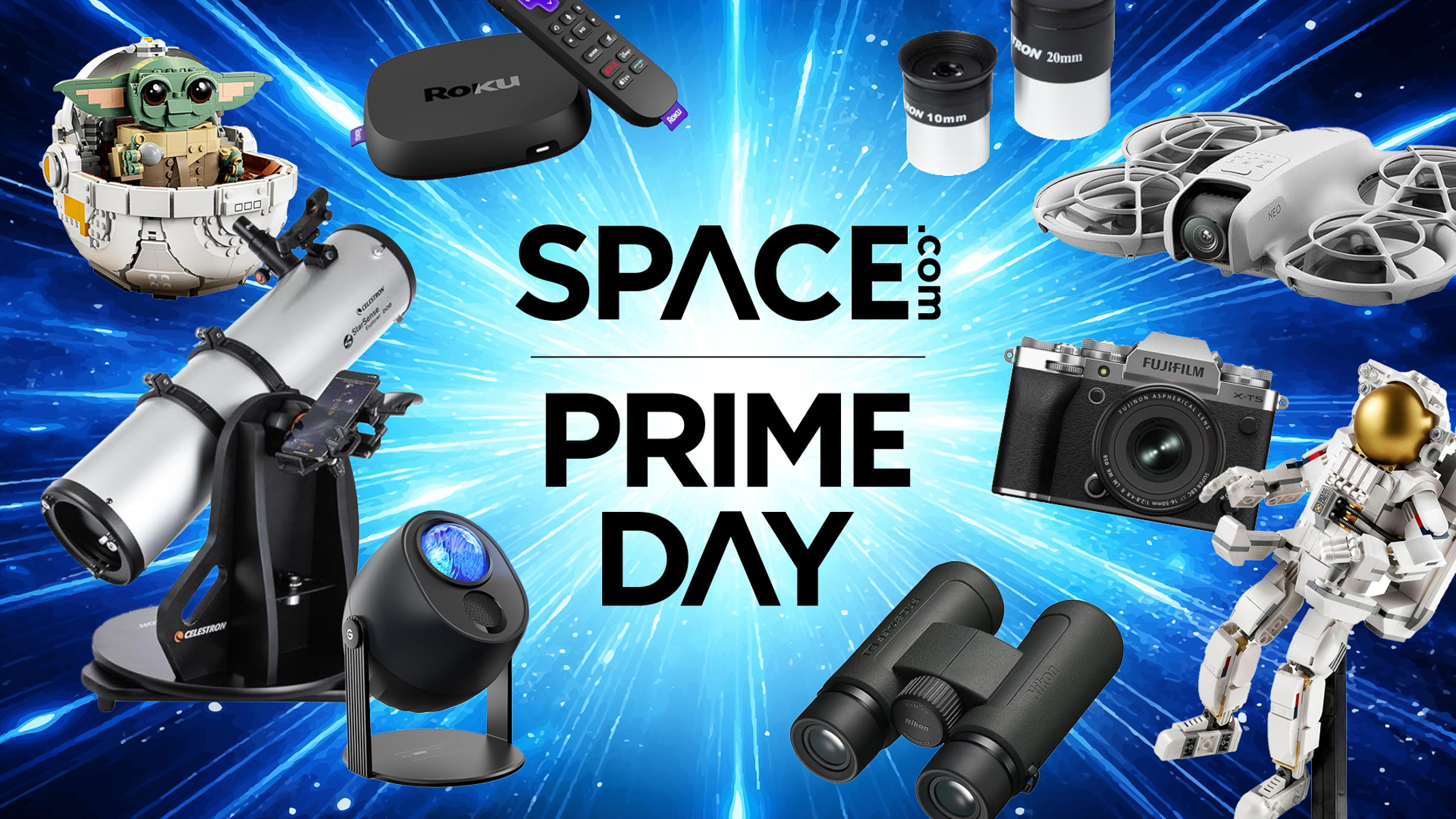 A range of space gifts around a Space.com Prime Day logo against a background of a blue-white star. 