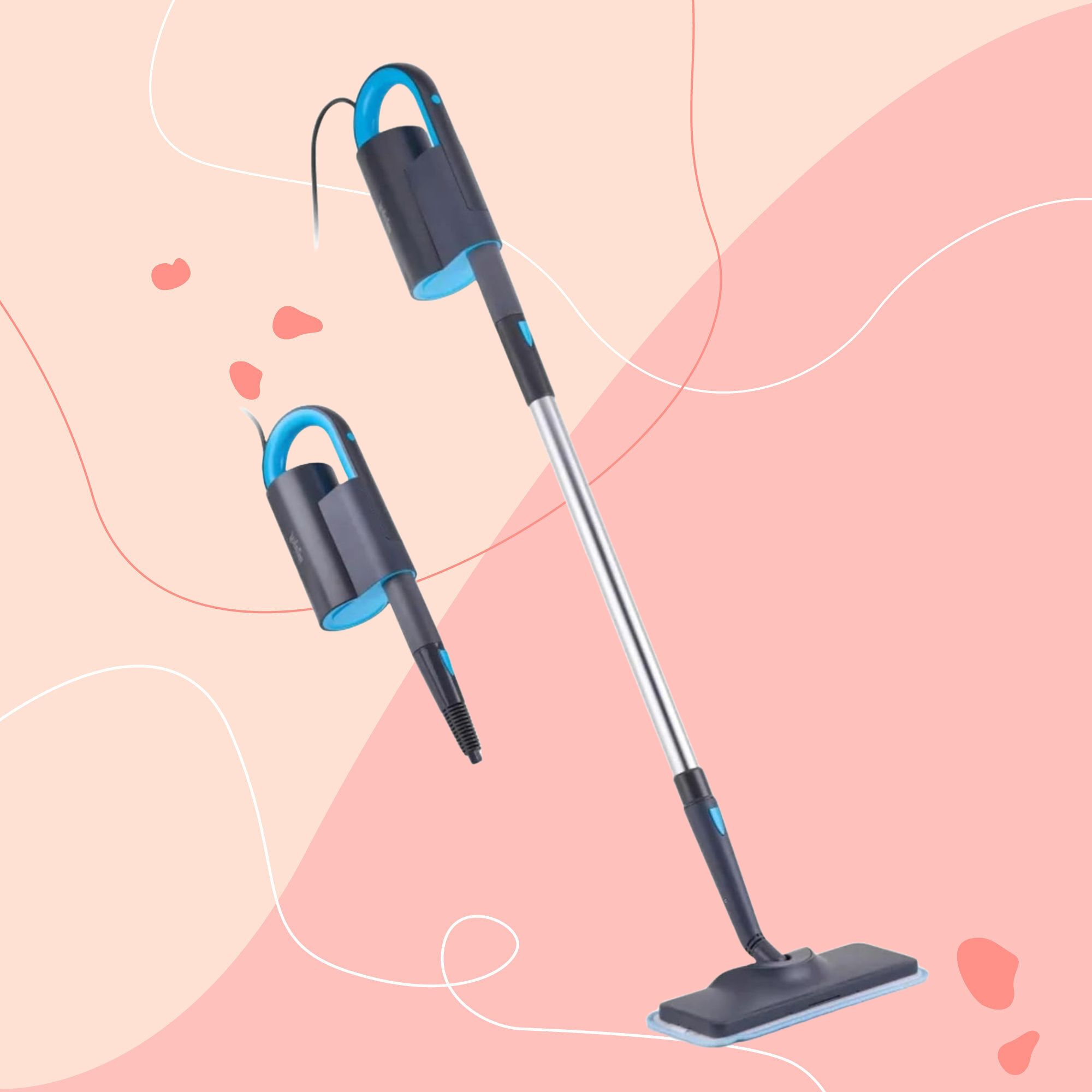 Minky Opti-Clean Steam Cleaner on a pink background