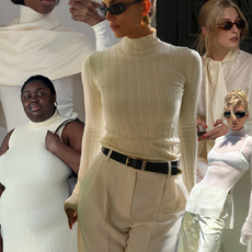 Sylvie wears an ivory cape, white skirt, and black skirt; Abi wears an ivory knit dress; Cass wears an ivory turtleneck, brown belt, and ivory pants; Christie wears an ivory blouse and skirt; Elsa wears a white sheer top and ivory silk pants.