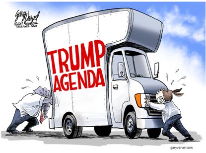 Political cartoon U.S. Trump agenda moving truck gridlock
