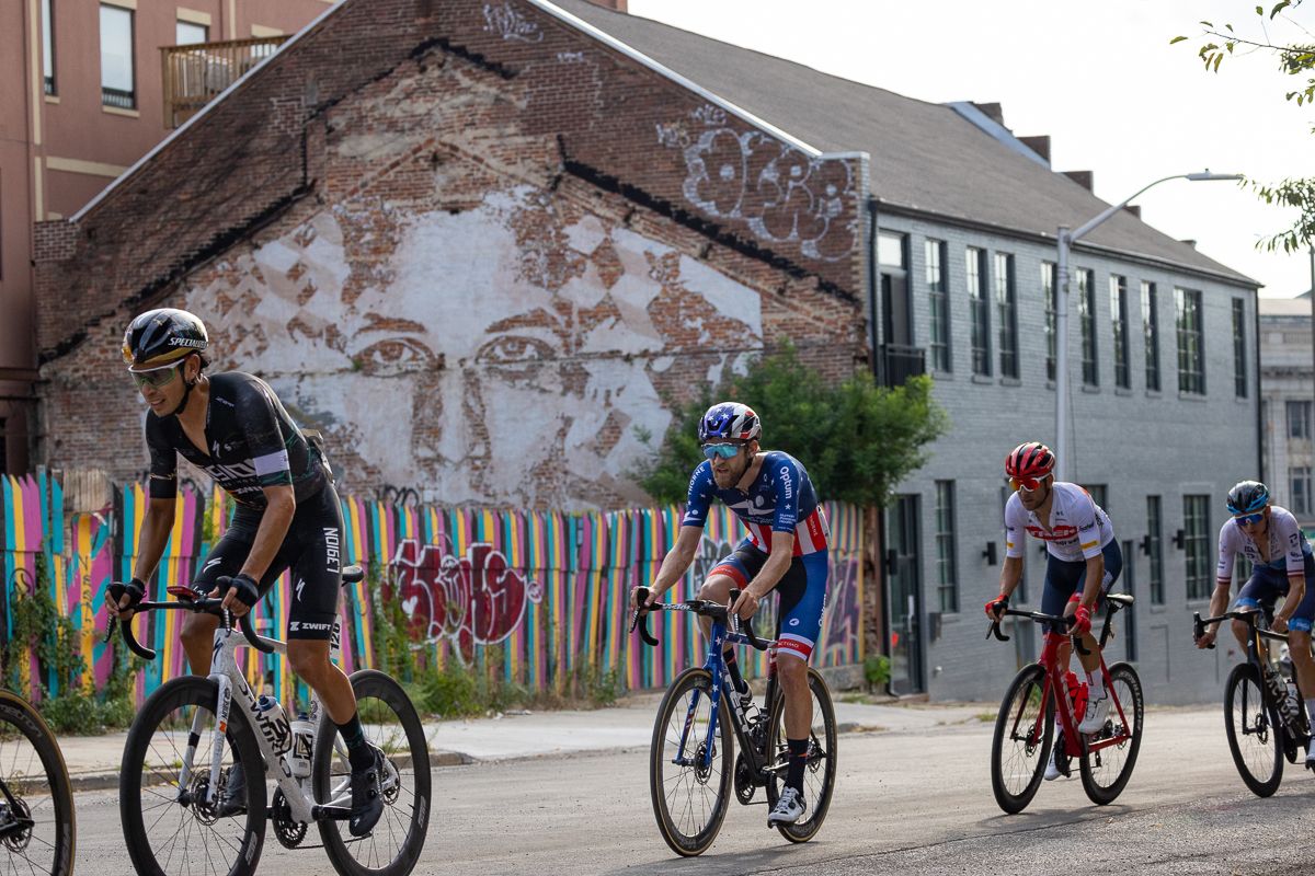 A chase group of five riders including (l to r) Eder Frayre Moctezuma (L39ION of Los Angeles), Kyle Murphy (Human Powered Health), Tony Gallopin (Trek Segafredo), and Krists Neilands (Israel-Premier Tech) made it onto the circuit through downtown Baltimore roughly 4 minutes down on the lead group of 12.