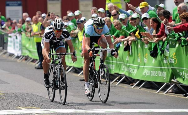 Mark Pedersen (Blue Water Cycling), left, outsprinted Marcin Bialoblocki (Node4 Giordana Racing) for the win on stage 4.