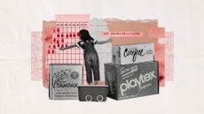 Photo collage of a young girl, standing atop a toy box to mark an outsized menstrual calendar. On either side of here, there are large vintage tampon boxes.