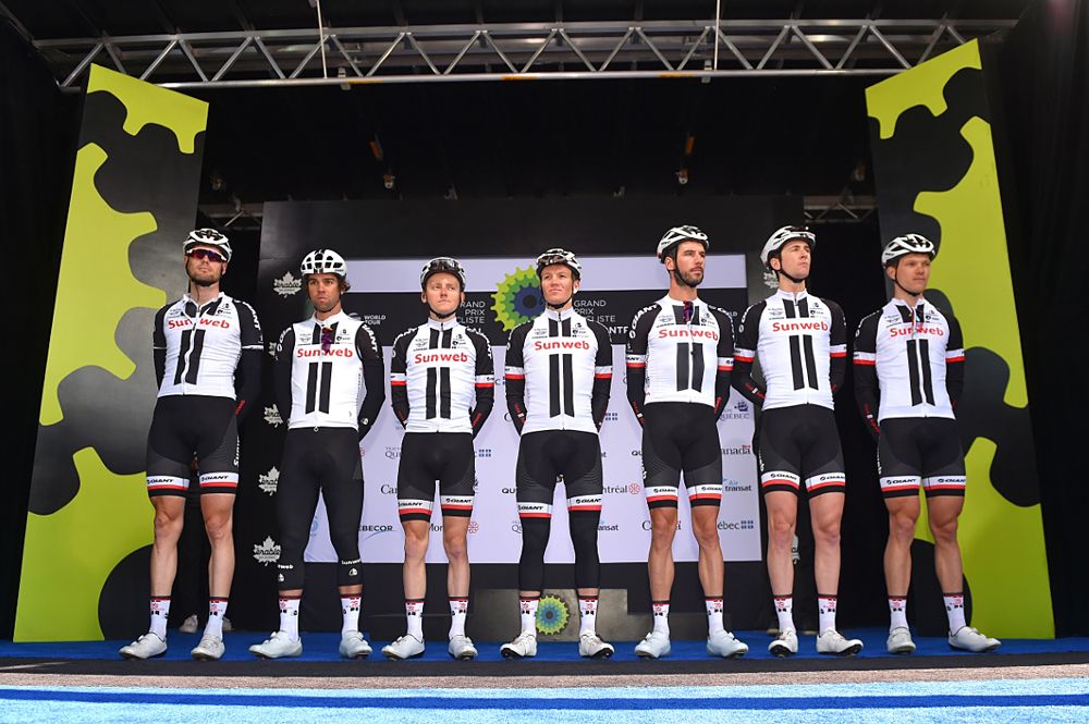 Michael Matthews and his Sunweb team sign-in for the start of GP de Montreal