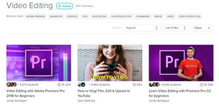 Online video editing courses: Screengrab showing details of three video editing tutorials