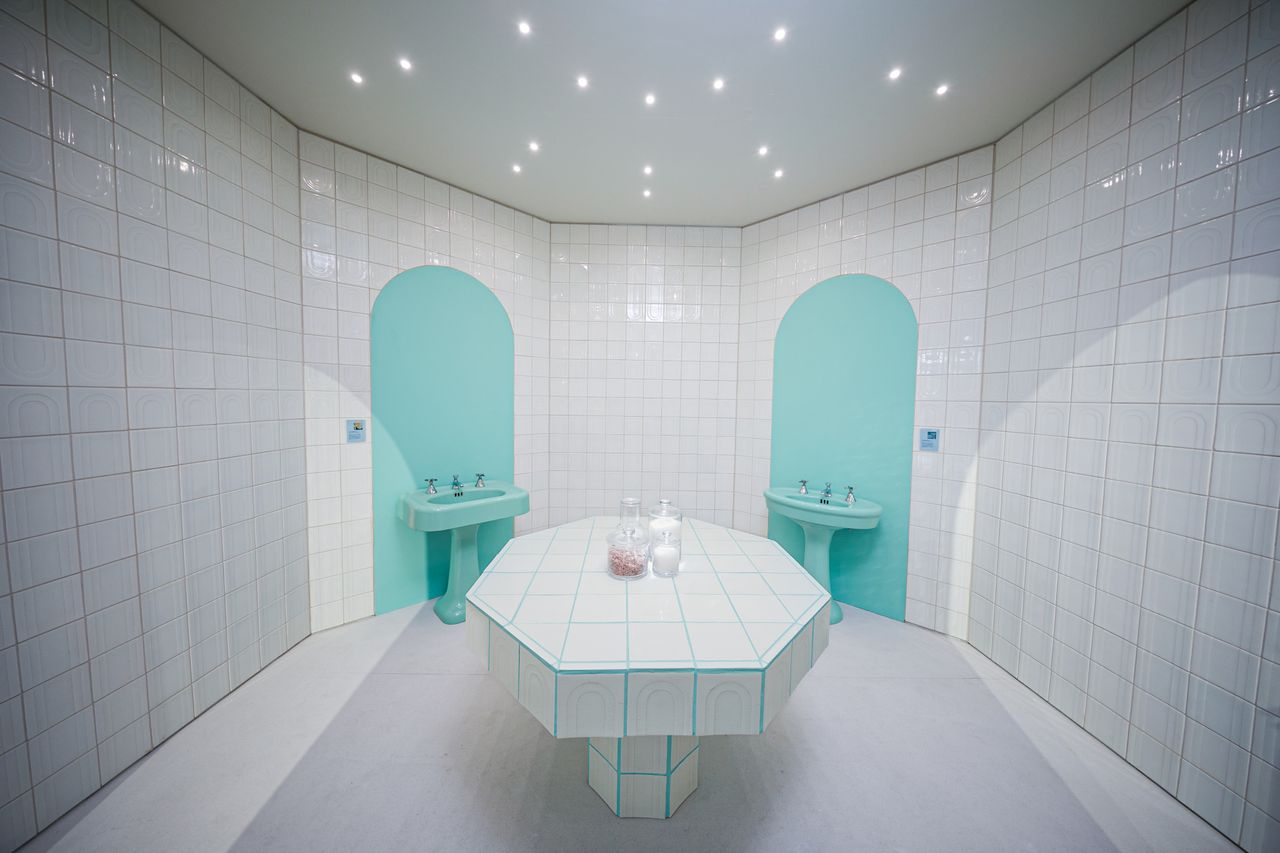 Tiled hammam installation by Nada Debs for Kohler at Design Miami 2022