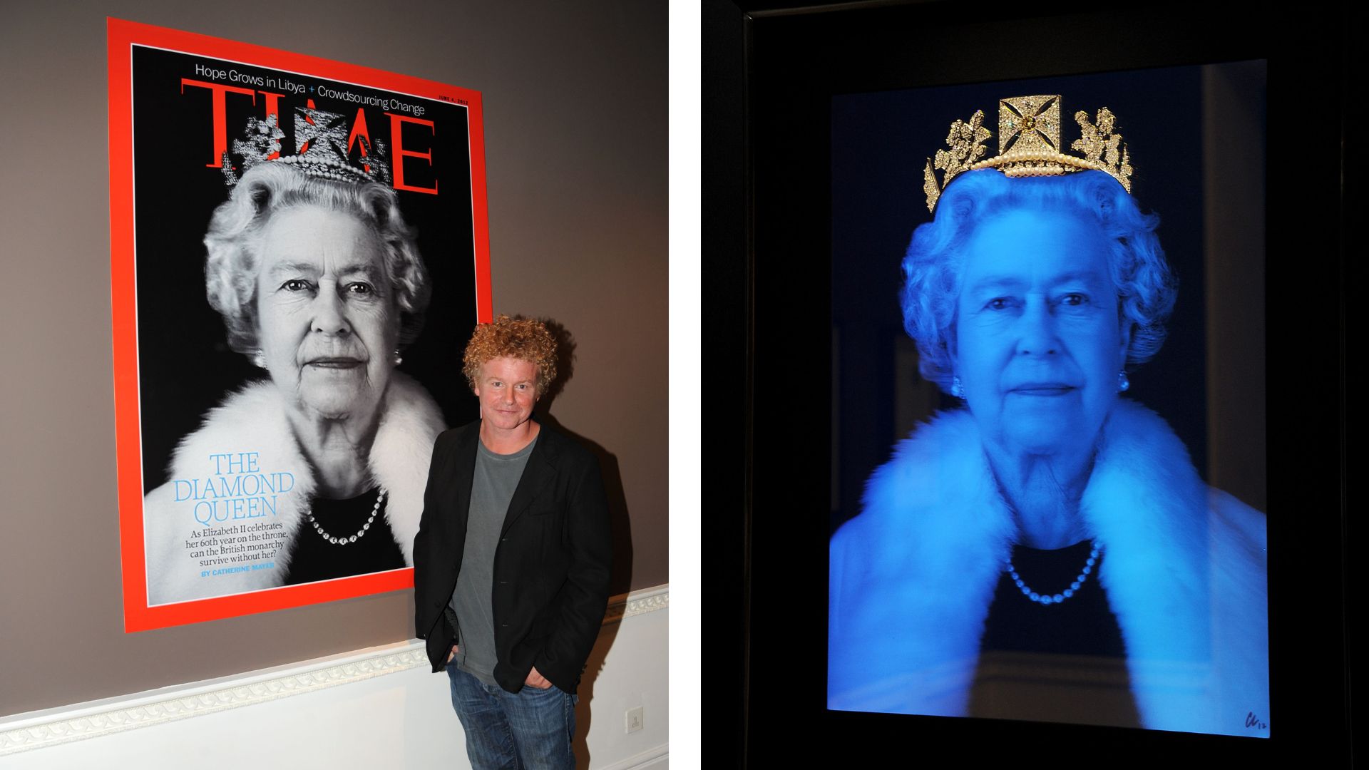 A split image shows photographer Chris Levine standing beside a blown-up Time magazine cover featuring his portrait of Queen Elizabeth II (left) and a holographic portrait of Queen Elizabeth II wearing a crown, by Chris Levine (right)