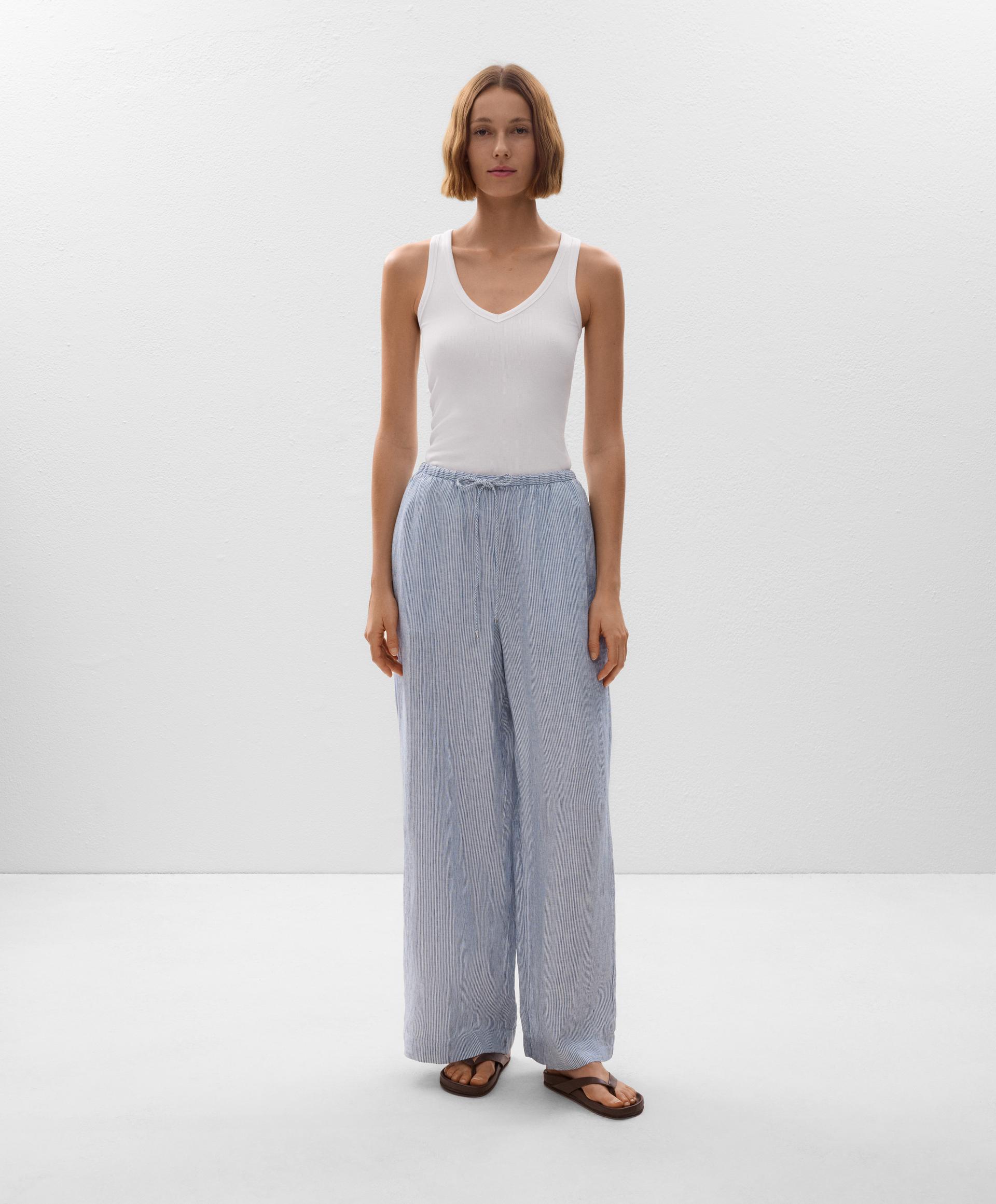 Oysho, Striped 100% Linen Wide Straight-Leg Trousers