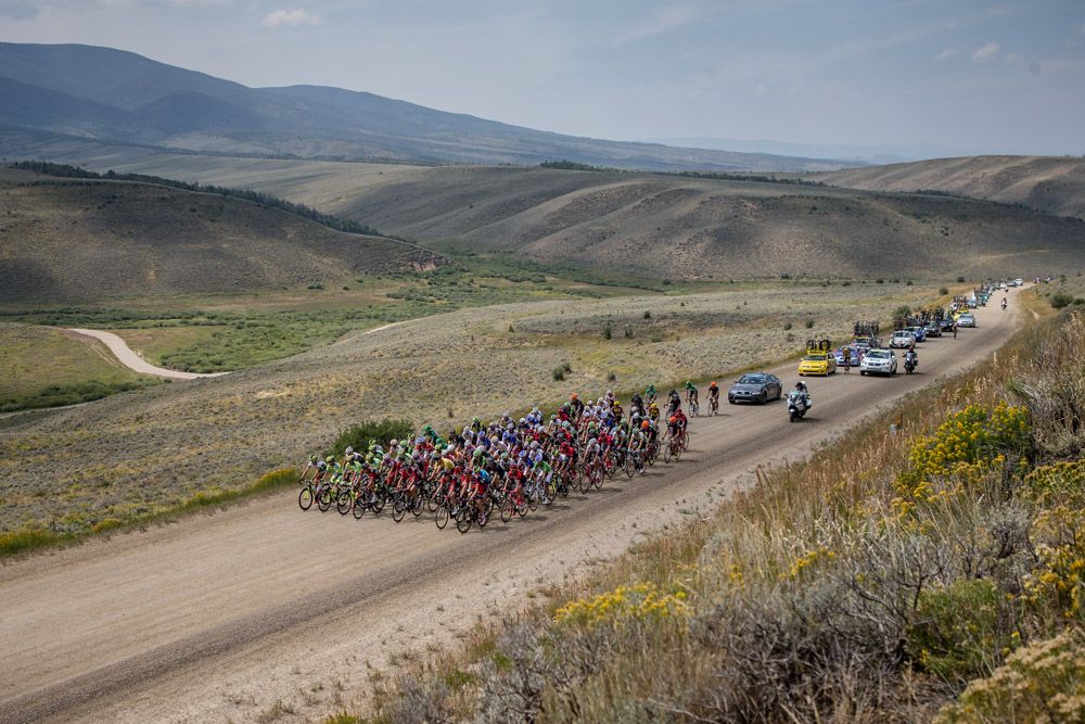 The peloton hits todays gravel section during stage 2 of the USA Pro Challenge.