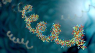 illustration of colorful RNA strands against a blue background