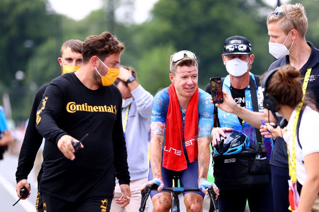 WALLERS FRANCE JULY 06 Stage winner Simon Clarke of Australia and Team Israel Premier Tech reacts after the 109th Tour de France 2022 Stage 5 a 157km stage from Lille to WallersArenberg TDF2022 WorldTour on July 06 2022 in Wallers France Photo by Michael SteeleGetty Images