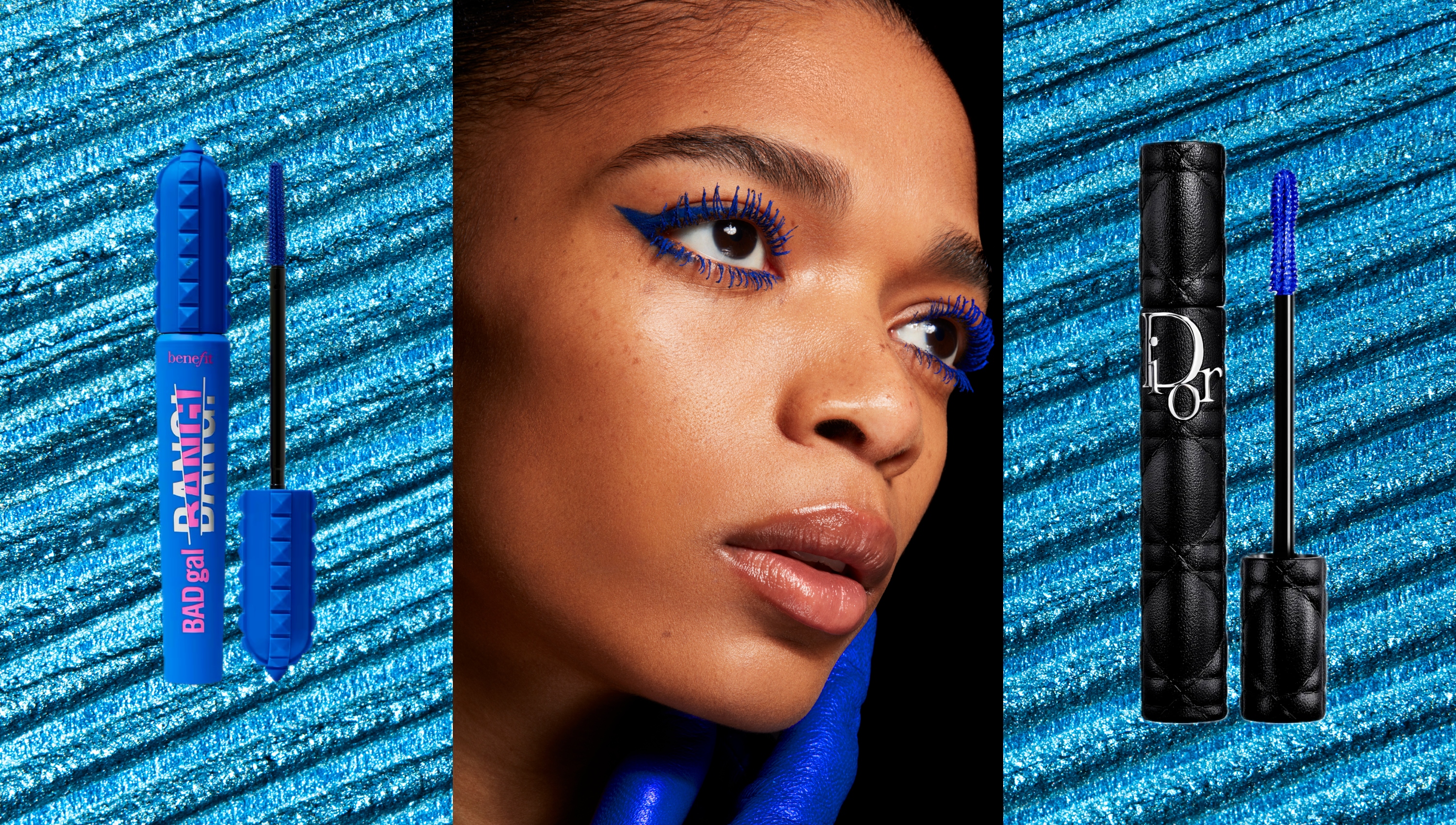an edit of two tubes of blue mascara sitting on a bright blue background. a photo of a model wearing blue mascara is in between them