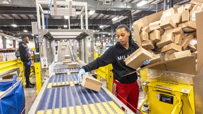 A parcel-sorting machine in Melville, N.Y.