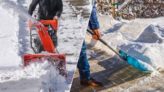 A person using a snow blower versus a person using a snow shovel