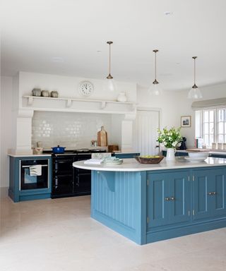 Blue Shaker style kitchen in country house in Wiltshire