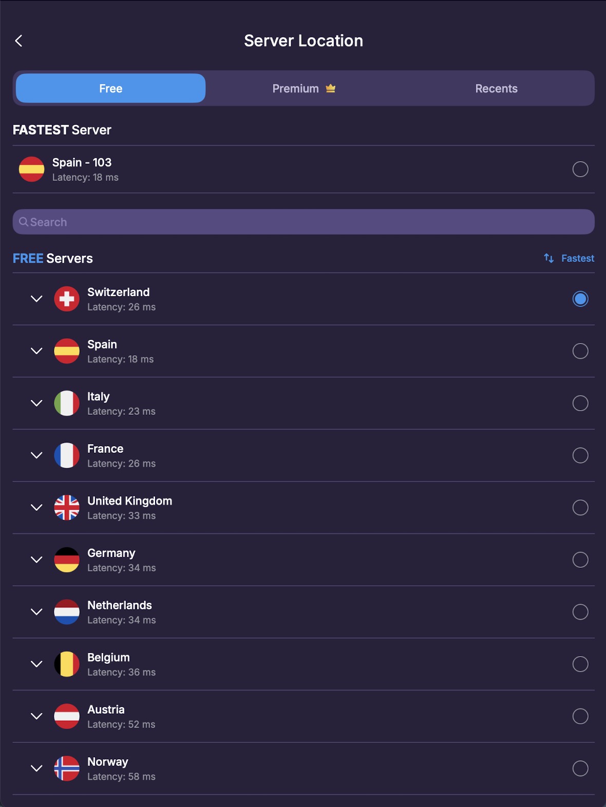 VPN Super Unlimited macOS app server list sorted by fastest server