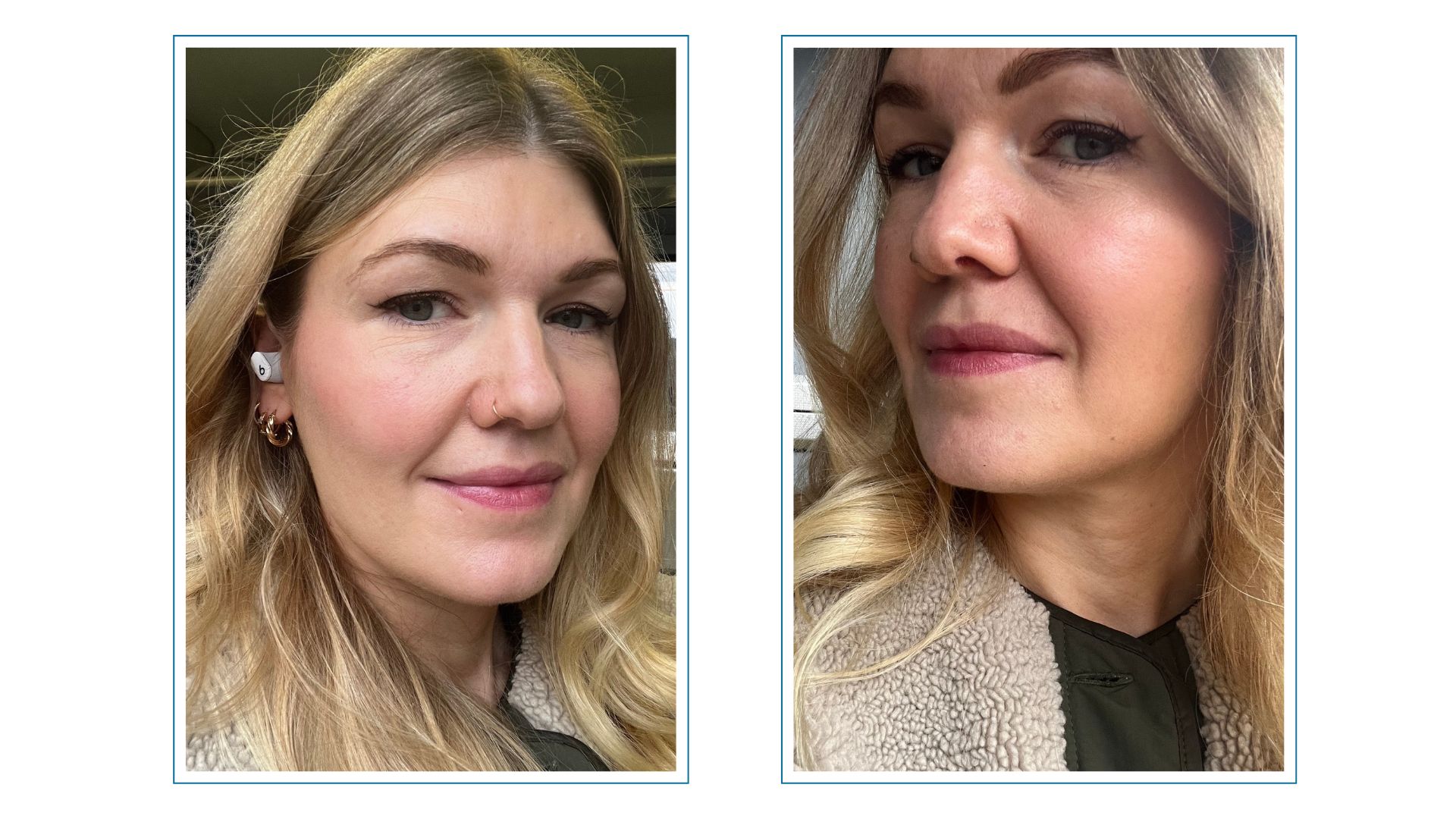Two images of Fiona McKim side by side, both wearing a shearling coat with blonde curled hair and uniform skin, wearing the estee lauder double wear foundation
