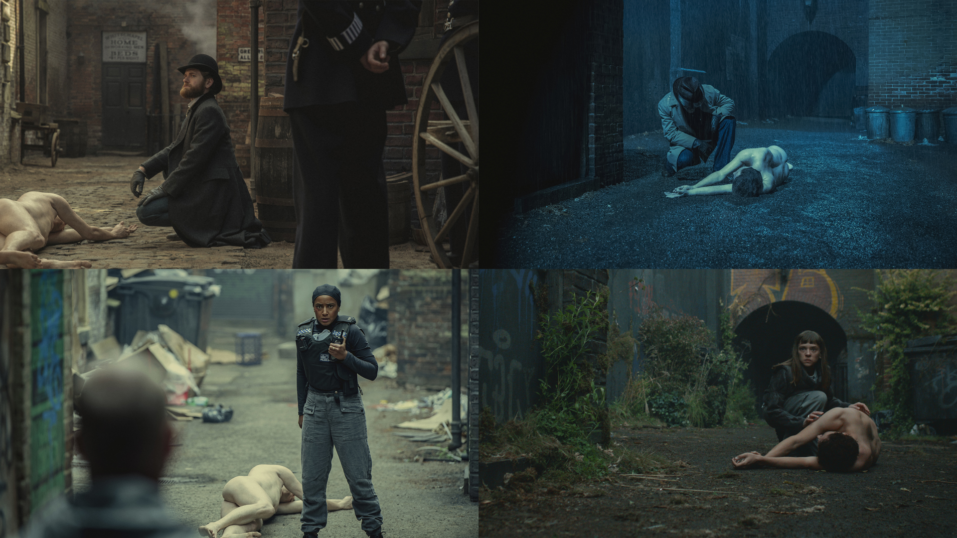 An image showing four press photographs from different timelines in Netflix's Bodies TV show