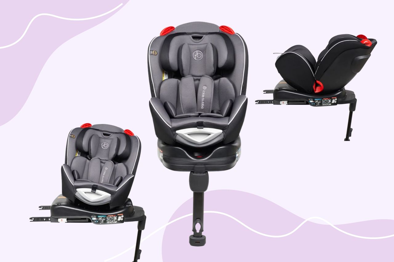 A collage of three images of the Ickle Bubba Radial 360 Rotating Car Seat