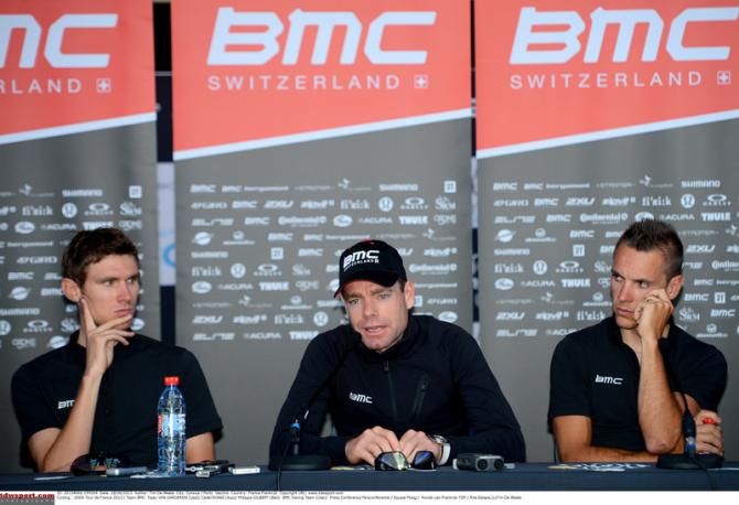 Tajey van Garderen, Cadel Evans and Philippe Gilbert at the pre-Tour press conference in 2013