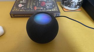 Apple HomePod Mini on a wooden counter