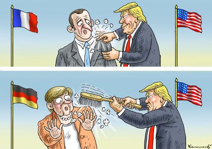 Political cartoon U.S. Trump Macron Merkel diplomacy