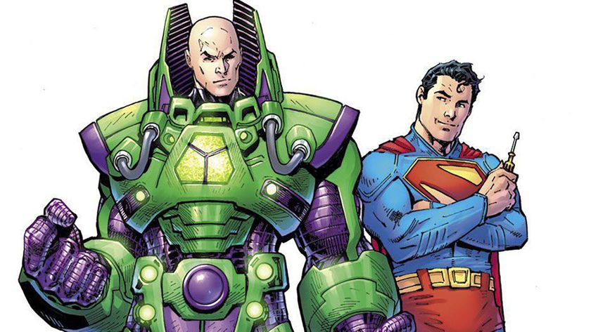 A Jim Lee illustration of Lex Luthor in his powersuit with Superman leaning against him