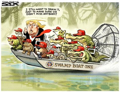 Political Cartoon U.S. President Trump drain the swamp Washington insiders