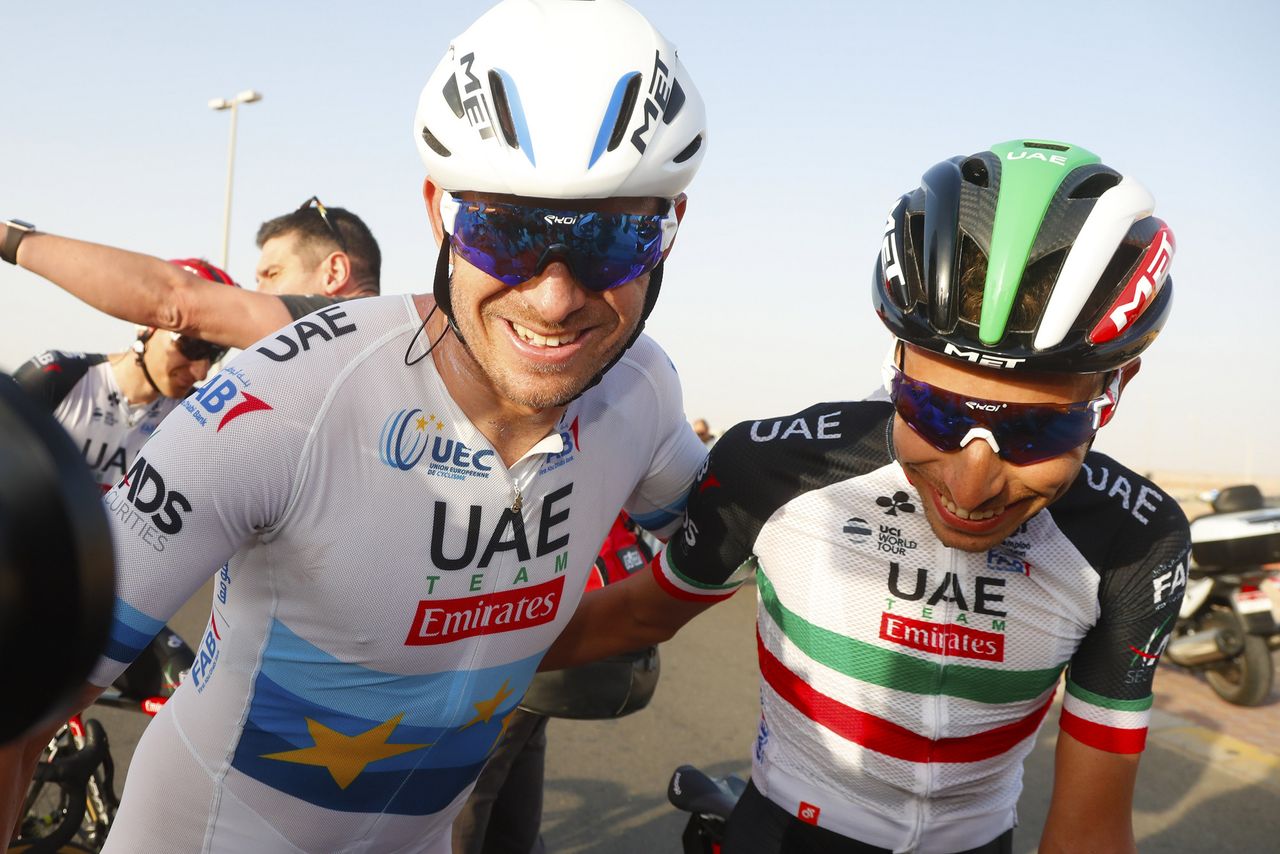 Alexander Kristoff celebrates with UAE Team Emirates teammate Fabio Aru