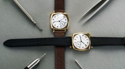 Two Vacheron Constantin watches with gold cases, one with brown strap and one with black 