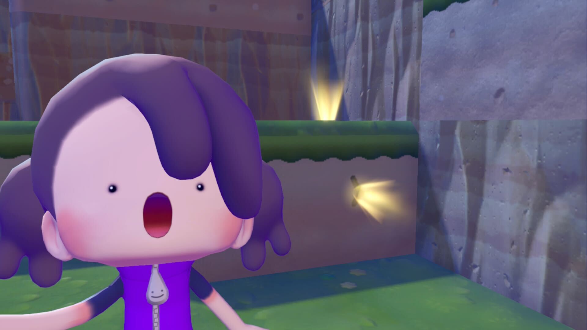 In Pokemon Pokopia, the transformed Ditto trainer takes a selfie looking aghast in front of a glowing piece of land where a relic is buried 