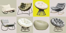 2 by 4 checkerboard that has a different style papasan chair as a cut-out product box in each box.