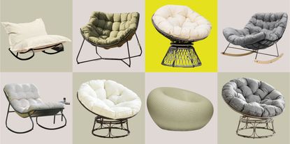 2 by 4 checkerboard that has a different style papasan chair as a cut-out product box in each box.