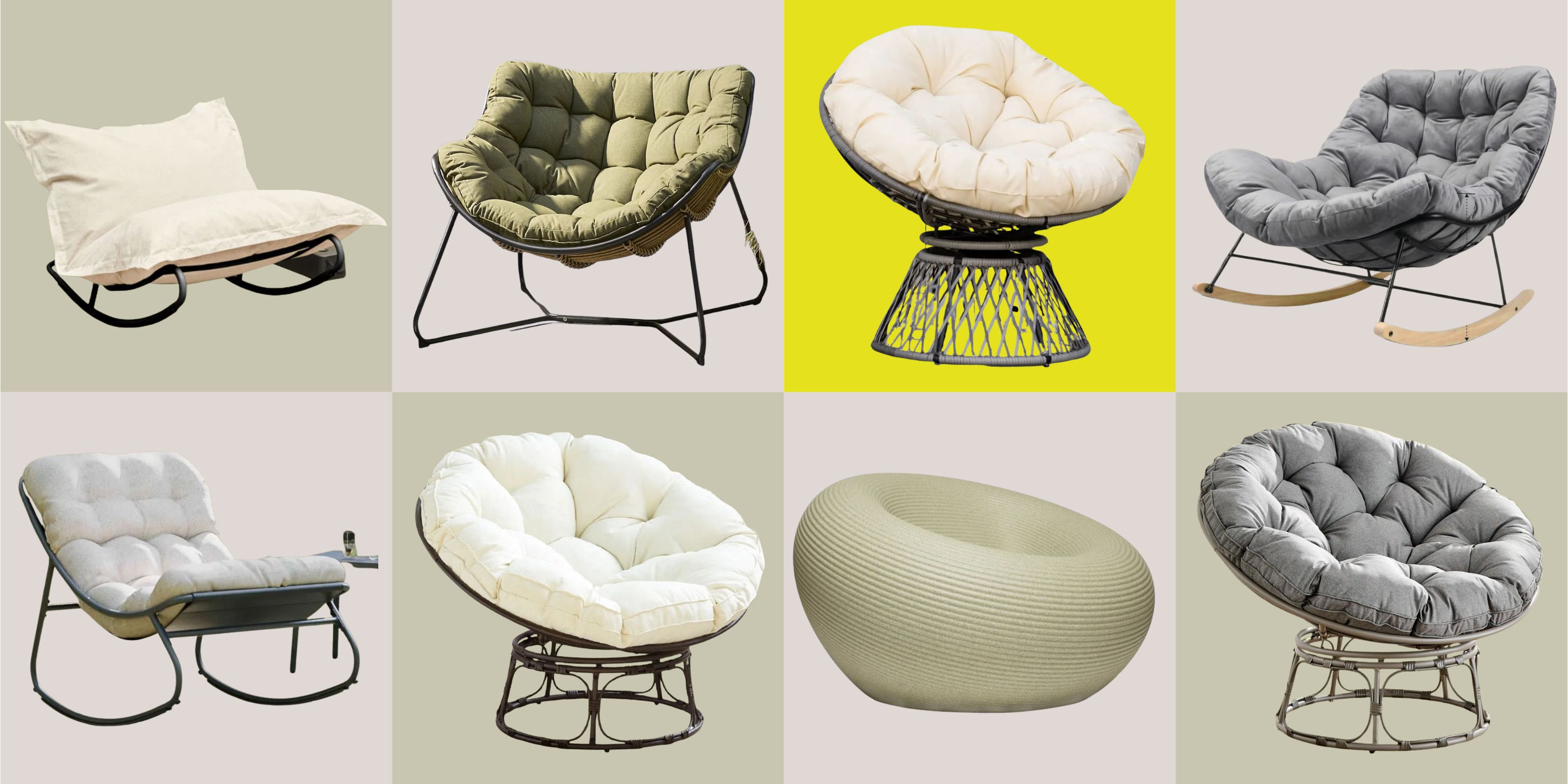 2 by 4 checkerboard that has a different style papasan chair as a cut-out product box in each box.