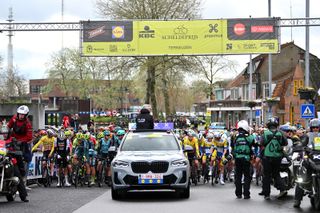The riders line up on the start line for the 2024 men's Scheldeprijs