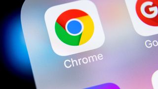 Google Chrome application icon on Apple iPhone X screen close-up. Google Chrome app icon. Google Chrome application. Social media network