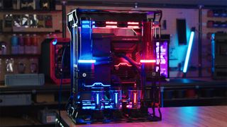 EK WB Star Wars PC with blue and red LED lighting on display