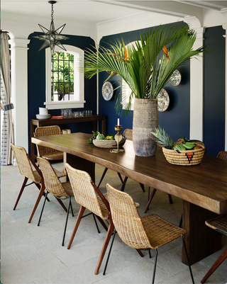 wooden dining table and rattan chairs with bird of paradise plant in the middle