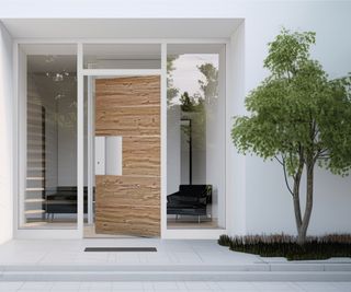 wood effect and white contemporary aluminium front door with large glass screens either side and a tree planted in grey paved front steps to the side